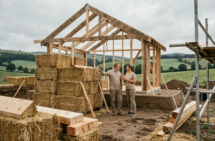 Couple inspectant la structure en bois et les matériaux biosourcés de leur maison écologique en construction