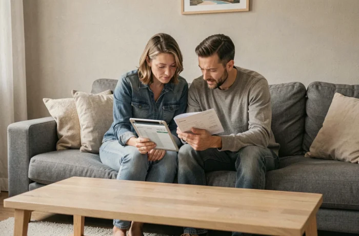 Couple gérant leurs comptes BNP Paribas en ligne sur tablette dans leur salon
