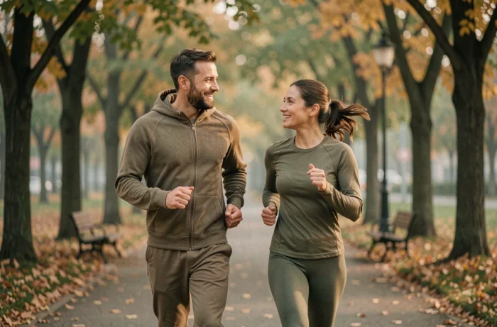 Couple pratiquant le jogging ensemble dans un parc urbain en automne, illustrant les bienfaits de l'activité physique régulière pour la santé
