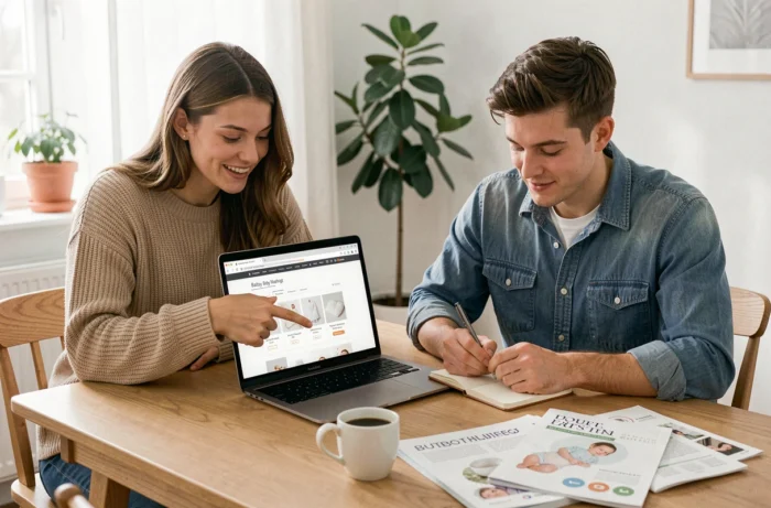 Jeune couple parcourant une liste de naissance en ligne sur un ordinateur portable dans un appartement chaleureux