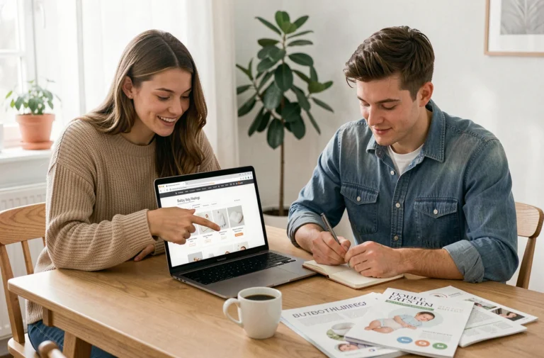 Jeune couple parcourant une liste de naissance en ligne sur un ordinateur portable dans un appartement chaleureux