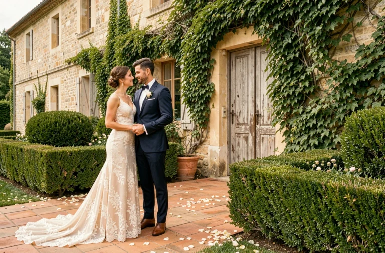 Mariés devant un château en pierre en Provence, robe en dentelle ivoire et costume bleu marine, ambiance romantique pour un mariage parfait