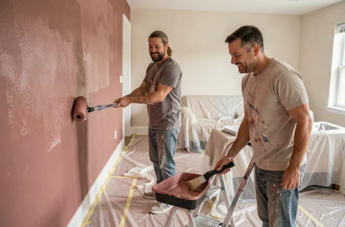 Couple peignant un mur intérieur dans un salon en plein projet de décoration maison fait maison