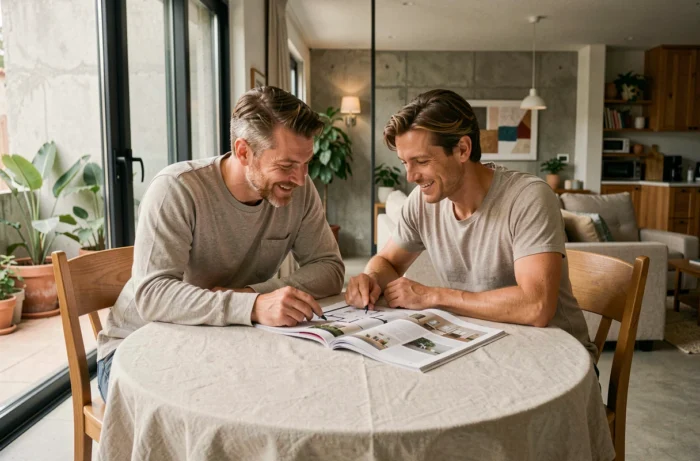 Couple planifiant des projets de rénovation maison autour d'une table avec magazine et plans d'intérieur