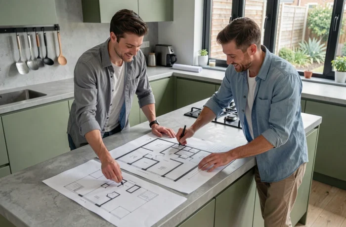 Couple discutant des plans d'aménagement de leur maison autour d'un îlot de cuisine moderne
