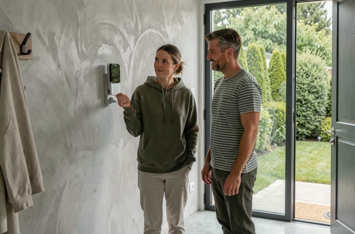 Couple inspectant une sonnette vidéo connectée et un verrou intelligent à l'entrée de leur maison automatisée