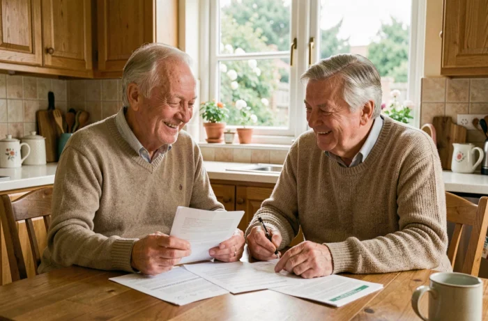 Couple de seniors examinant ensemble leur contrat de mutuelle santé dans leur cuisine