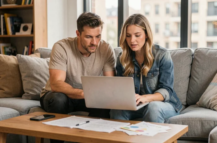 Couple examinant ensemble une simulation de crédit immobilier sur ordinateur à domicile