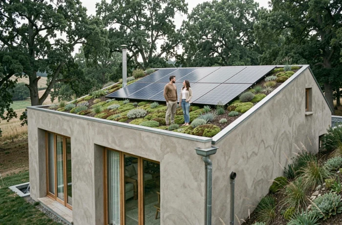 Couple sur la toiture végétalisée d'une maison éco-responsable avec panneaux solaires intégrés et murs en pisé en France
