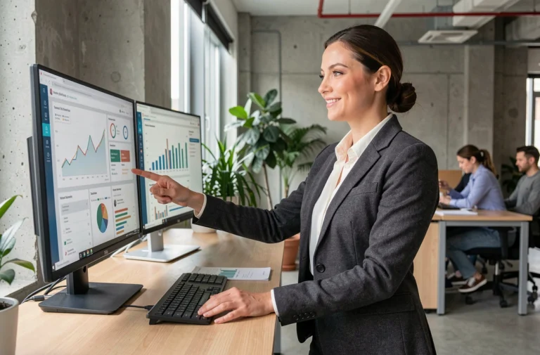 Femme cheffe d'entreprise analysant des données digitales sur des écrans dans un bureau moderne pour booster la croissance de son entreprise