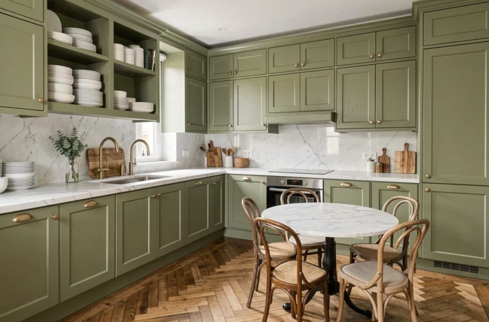 Cuisine rénovée de style parisien avec armoires vert sauge, quincaillerie en laiton et table bistro en marbre dans un appartement haussmannien