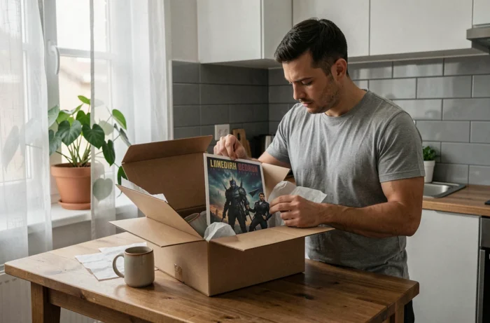 Homme déballant une commande de produits dérivés de série reçue d'une boutique en ligne, sur une table en bois