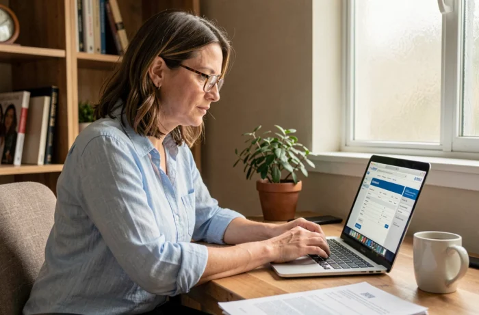 Femme concentrée remplissant sa déclaration d'impôts en ligne sur un ordinateur portable dans un bureau à domicile