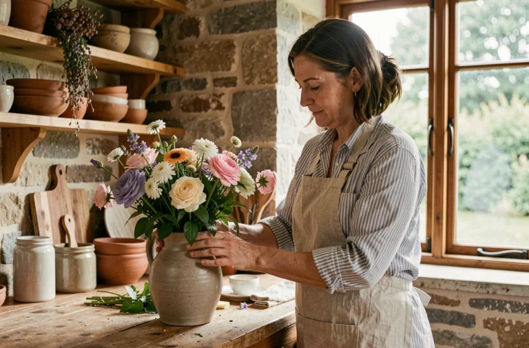 Femme arrangeant des fleurs fraîches dans un vase en céramique sur un comptoir en bois rustique dans une cuisine provençale