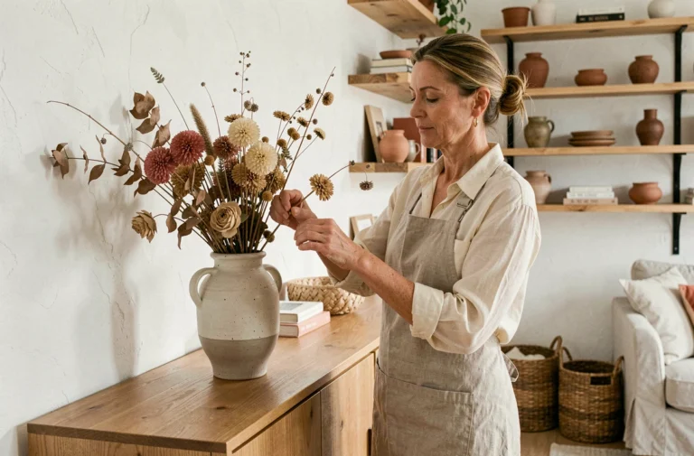 Femme arrangeant des branches botaniques séchées dans un vase en céramique sur un meuble en bois dans un salon de style scandinave
