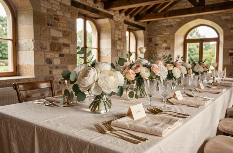 Table de mariage élégante décorée de pivoines blanches, roses blush et eucalyptus dans un château rustique français