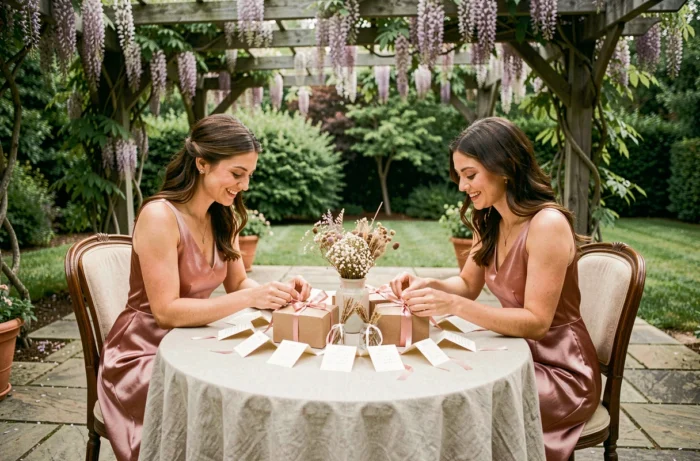Demoiselles d'honneur préparant les marque-places et cadeaux invités sur une terrasse de jardin, idées et astuces pour organiser un mariage
