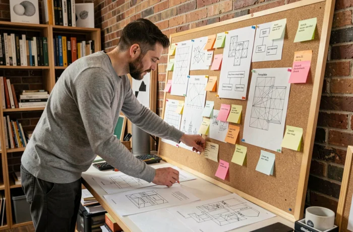 Un designer organise physiquement la structure de navigation d'un site web avec des fiches et un tableau de liège