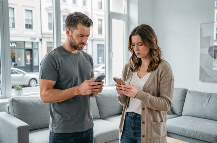Deux parents vérifiant séparément leurs comptes utilisateurs sur leurs smartphones dans un salon moderne