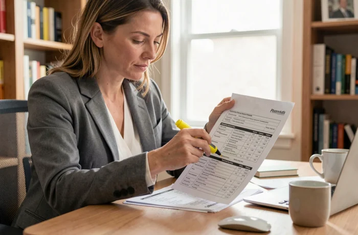 Femme lisant attentivement un devis de travaux détaillé poste par poste sur son bureau à domicile