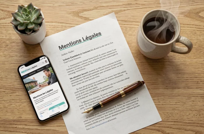 Vue aérienne d'un document de mentions légales imprimé posé sur un bureau en bois avec smartphone et stylo plume