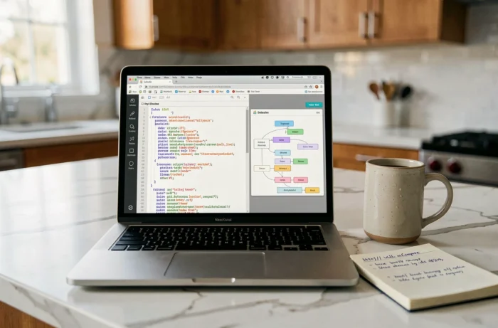 Écran d'ordinateur portable affichant un sitemap XML et un outil visuel de structure de site web sur un bureau en marbre