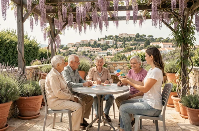 Résidents d'un EHPAD à Toulon participant à une activité en plein air sur la terrasse provençale