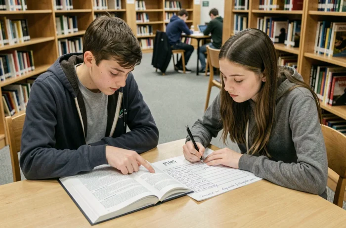 Deux élèves STMG collaborant sur un tableau de caractérisation dans une bibliothèque scolaire