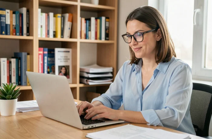 Enseignante cherchant des offres d'emploi pour partir en classe sur un ordinateur portable dans un bureau à domicile
