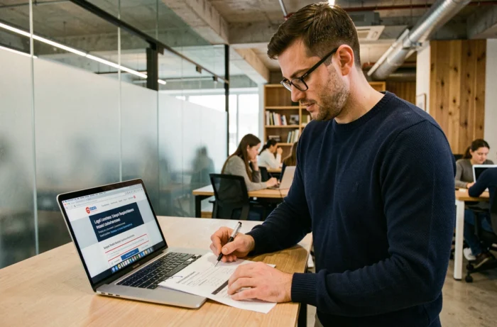 Entrepreneur vérifiant une checklist des obligations légales pour un site internet professionnel dans un espace de coworking