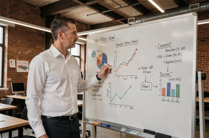 Entrepreneur présentant des tendances et stratégies commerciales sur un tableau blanc dans un espace de coworking