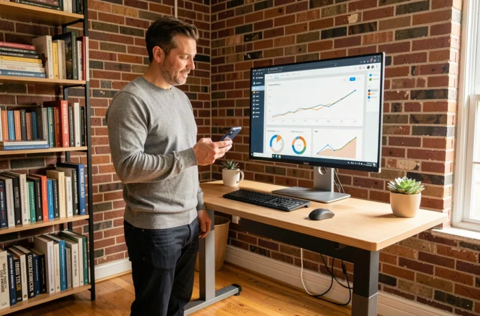 Entrepreneur travaillant sur des solutions business en ligne depuis son bureau à domicile avec tableau de bord de performance