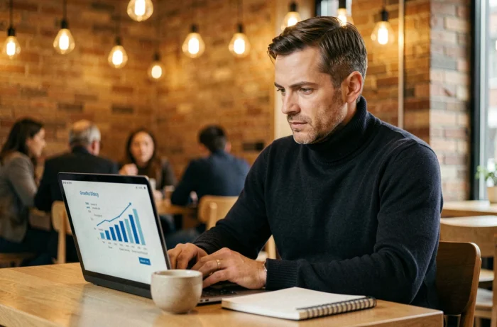 Entrepreneur masculin travaillant sur sa stratégie de croissance digitale sur un ordinateur portable dans un café moderne et inspirant