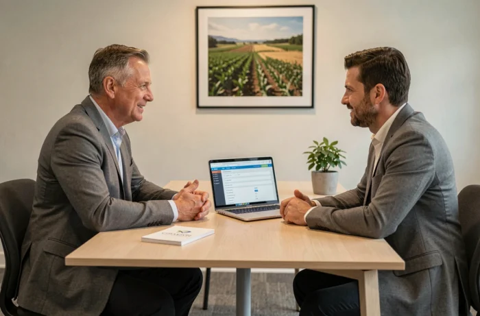 Entretien d'embauche dans une entreprise agroalimentaire avec un logiciel de gestion du recrutement affiché sur ordinateur portable