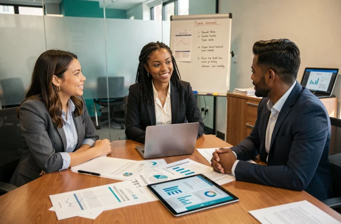 Équipe professionnelle collaborant sur des offres et stratégies business en ligne lors d'une réunion en salle de conférence