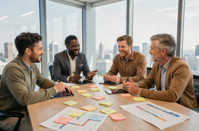 Équipe multiculturelle en réunion de brainstorming autour d'une table avec des outils d'innovation numérique pour développer une stratégie de croissance digitale