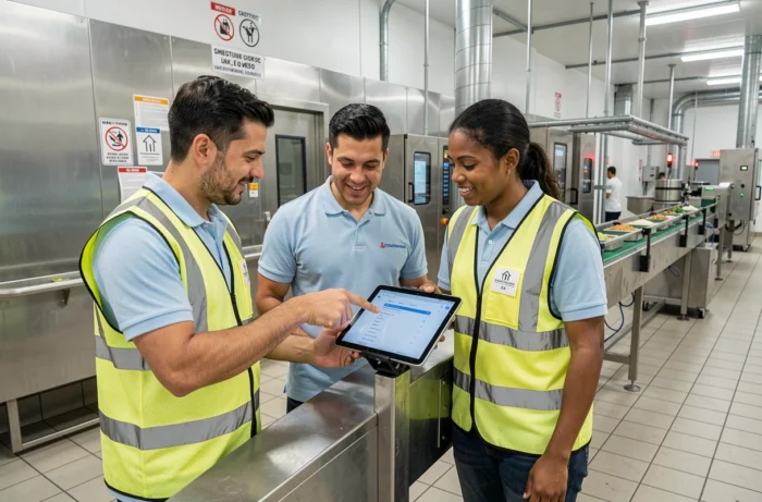 Équipe de recruteurs en atelier agroalimentaire consultant une application de gestion des candidatures sur tablette