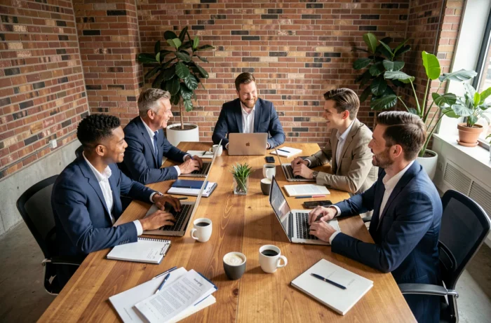 Équipe de professionnels en réunion stratégique autour d'une table de conférence en bois