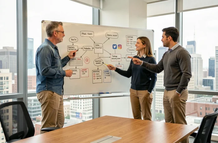 Équipe de professionnels en réunion autour d'un tableau blanc pour planifier une stratégie digitale dans une salle de conférence moderne avec vue sur la ville