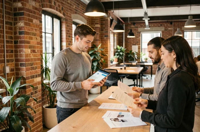 Équipe de professionnels consultant des services numériques en ligne dans un espace de coworking moderne