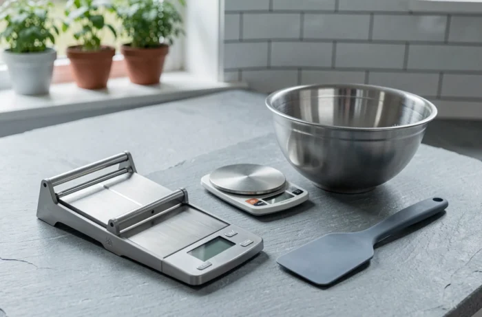 Arrangement éditorial d'équipements de cuisine de qualité sur un plan de travail en ardoise grise