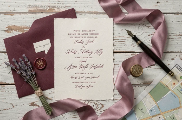 Faire-part de mariage personnalisés en papier coton avec cire, lavande et ruban mauve en flat lay élégant