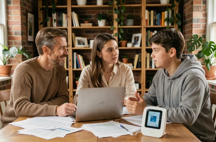Famille réunie autour d'un moniteur de consommation énergétique à la maison pour gérer leur budget énergie