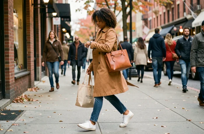Femme active marchant en ville avec sac en cuir et montre connectée, accessoires du quotidien
