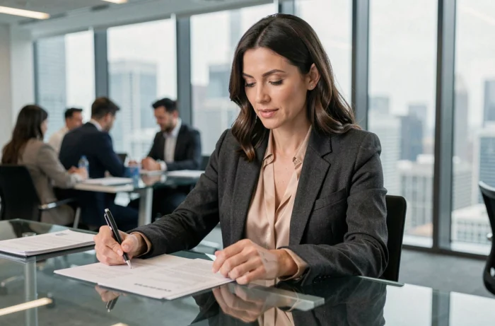 Femme d'affaires professionnelle analysant des documents dans un bureau moderne avec vue sur la ville