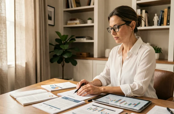 Une femme concentrée analyse seule ses documents financiers et bilans patrimoniaux dans un bureau à domicile soigné