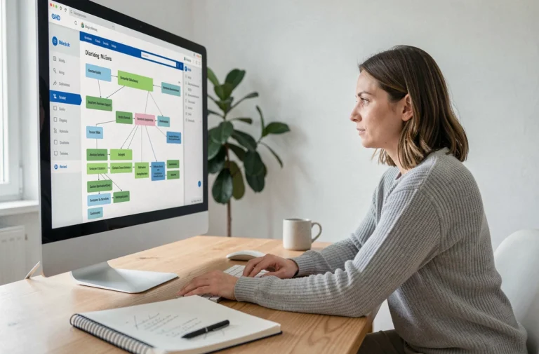 Une femme analyse un sitemap de site web sur un grand écran dans un bureau moderne et minimaliste