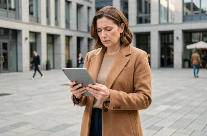 Femme active consultant une tablette en milieu urbain, incarnant l'autonomie et l'ambition féminine dans la vie professionnelle
