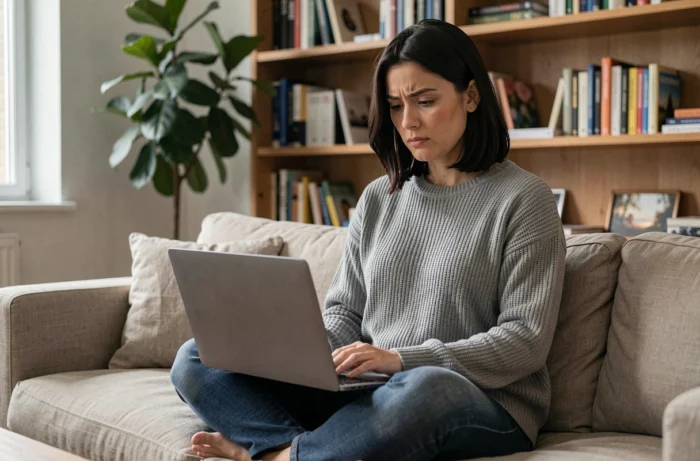 Femme consultant des avis utilisateurs sur un service de streaming depuis son canapé