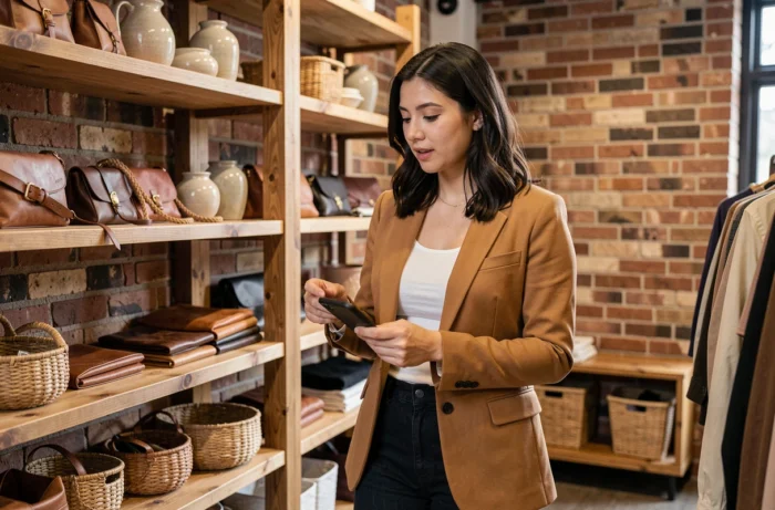 Jeune femme découvrant des accessoires lifestyle dans une boutique concept store aux étagères en bois brut